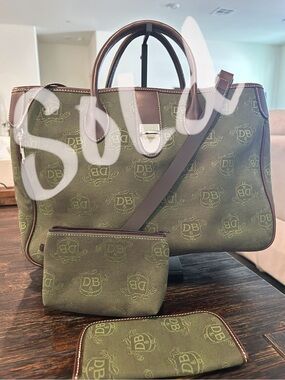 Dooney & Bourke signature satchel witOlive Green Monogram and Brown Trim.